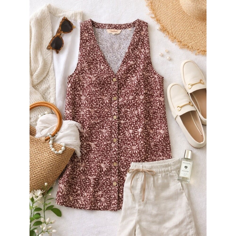 Faherty 100% Linen Sleeveless Tunic Top M Brown Earthy Coastal Quiet Luxury Boho